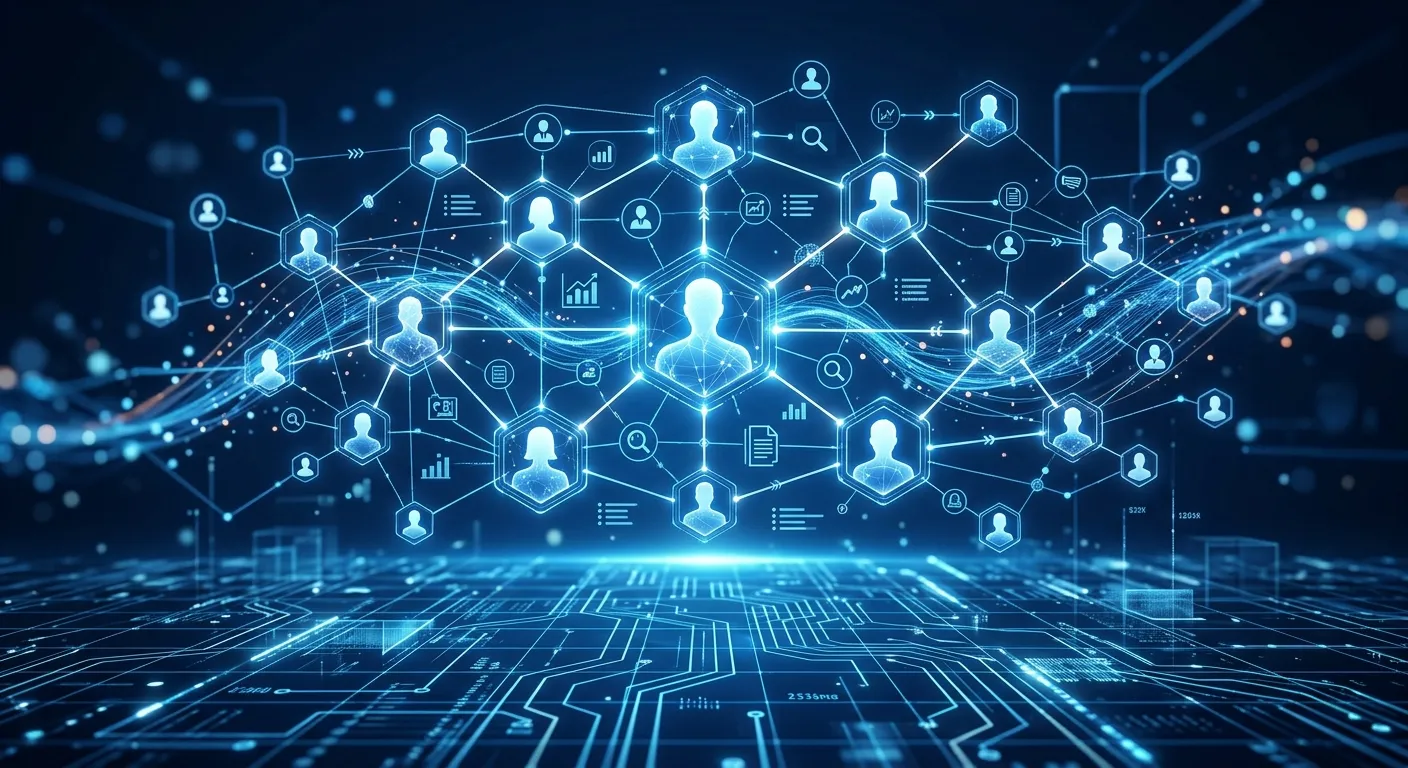 A high-tech, abstract digital illustration of a glowing, interconnected network of human silhouettes and data nodes floating over a dark blue cybernetic grid. The style is sleek, futuristic, and professional, representing AI-driven talent sourcing and HR technology.