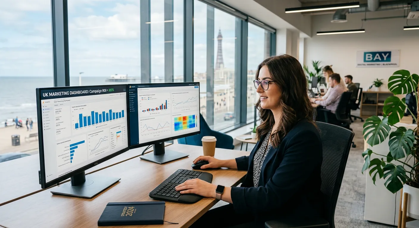 A professional, confident-looking Digital Marketing Executive in a modern office setting, analysing... A professional, confident-looking Digital Marketing Executive in a modern office setting, analysing data on a dual-screen monitor. The scene should feel dynamic, local to Blackpool with a subtle nod to the seafront in the background, conveying opportunity and professionalism.