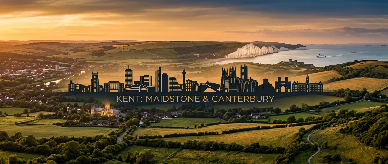 A panoramic hero shot of the Kent countryside with the White Cliffs of Dover in the distance at golden hour, overlaid with a modern city skyline silhouette representing Maidstone and Canterbury. The image should feel aspirational and professional, with warm gold and deep blue tones.