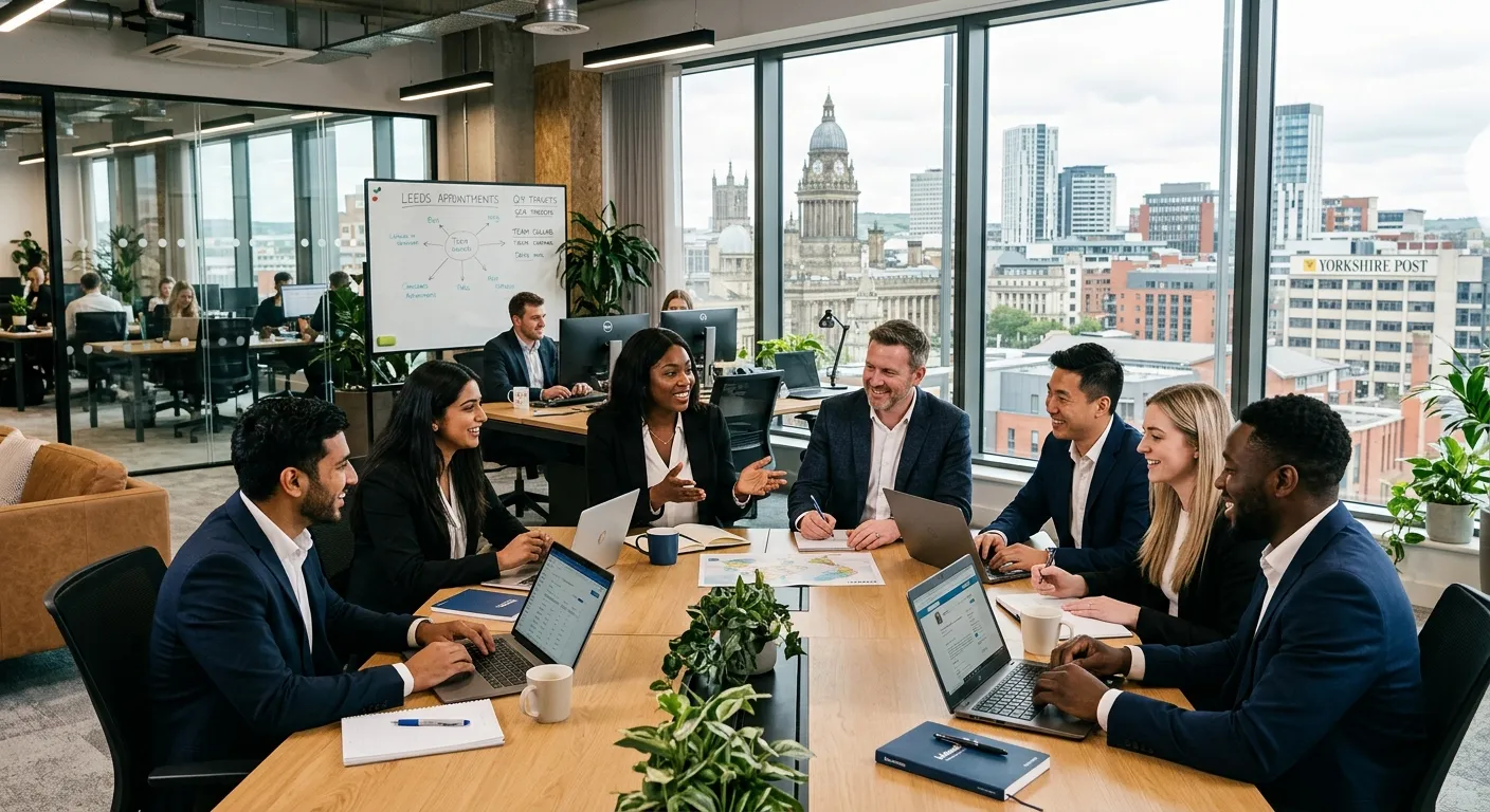 A professional, diverse group of recruitment consultants and HR professionals collaborating in a modern Leeds city centre office, looking engaged and productive, with the skyline visible through the window.