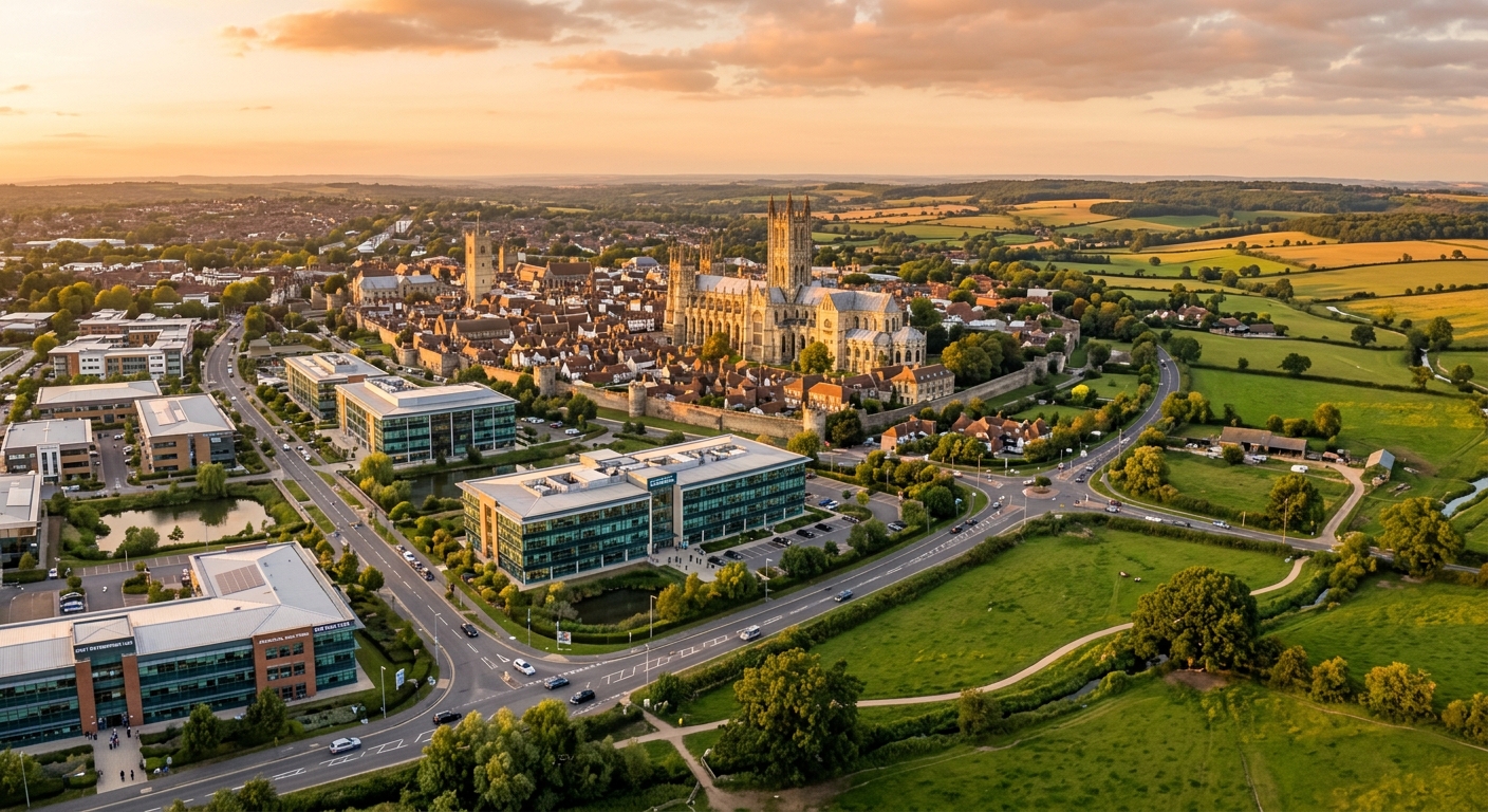 A vibrant aerial view of Kent's countryside merging with modern business parks and a historic cathedral, symbolizing diverse job opportunities, warm golden hour lighting, professional and inviting mood