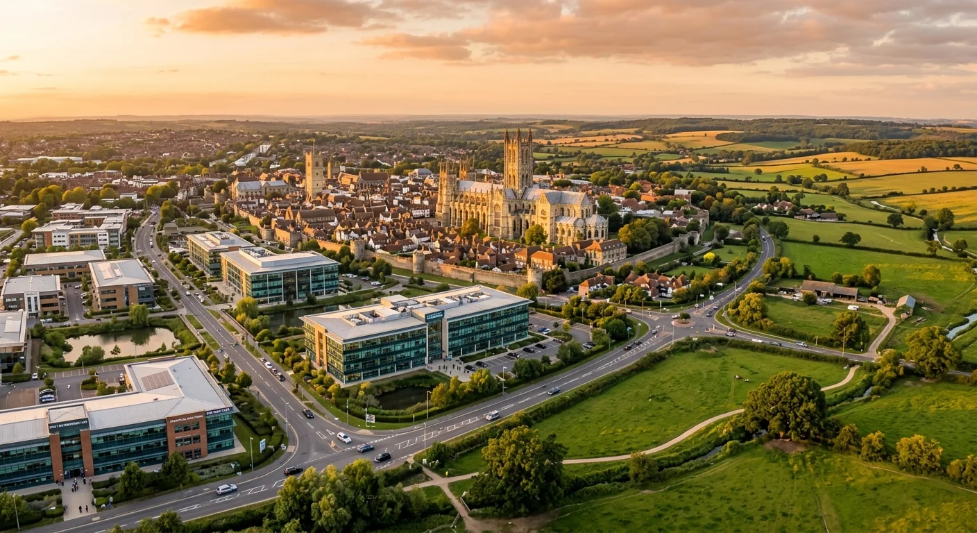 A vibrant aerial view of Kent's countryside merging with modern business parks and a historic cathedral, symbolizing diverse job opportunities, warm golden hour lighting, professional and inviting mood