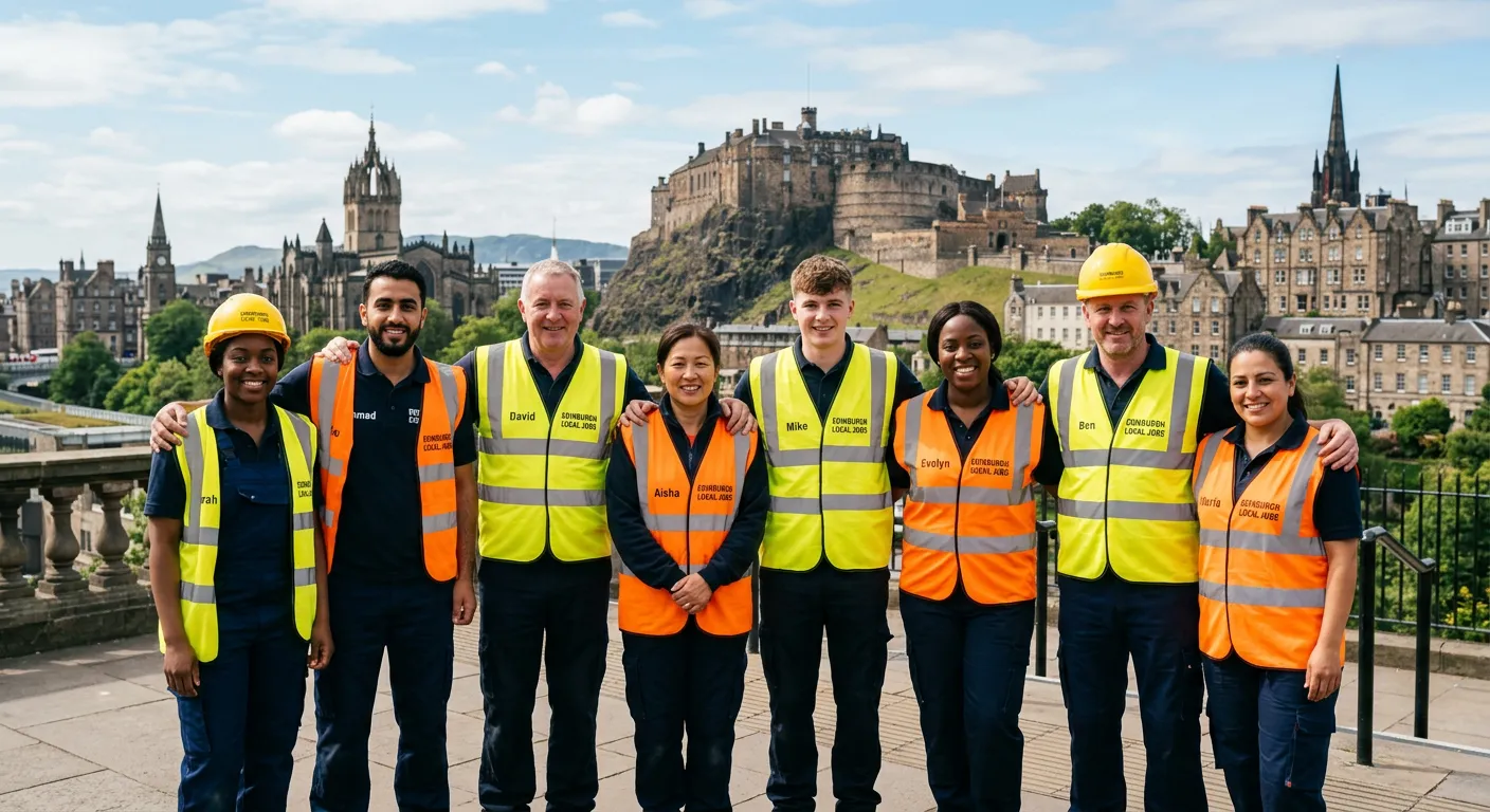A diverse group of workers in high-vis vests and uniforms standing confidently in front of the Edinb... A diverse group of workers in high-vis vests and uniforms standing confidently in front of the Edinburgh city skyline, with the castle and historic buildings visible. Bright, professional, and welcoming mood, representing local job opportunities.