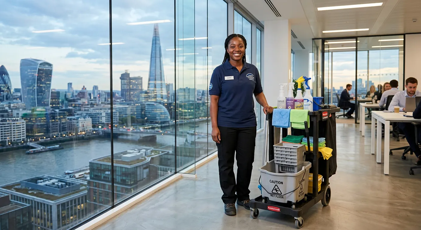 Professional, well-lit image of a smiling cleaner in a modern London office building, holding a cleaning cart. They are wearing a branded polo shirt and look approachable and competent. The image conveys cleanliness, professionalism, and the bustling London skyline is visible through a window.