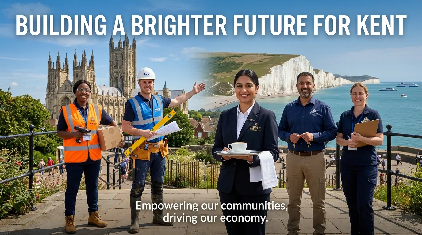 A dynamic, professional hero image showing a diverse group of workers in various sectorsâwarehouse, construction, hospitalityâset against the backdrop of Kent landmarks like Canterbury Cathedral and the White Cliffs of Dover. The style is bright, hopeful, and aspirational, with a clean corporate overlay.