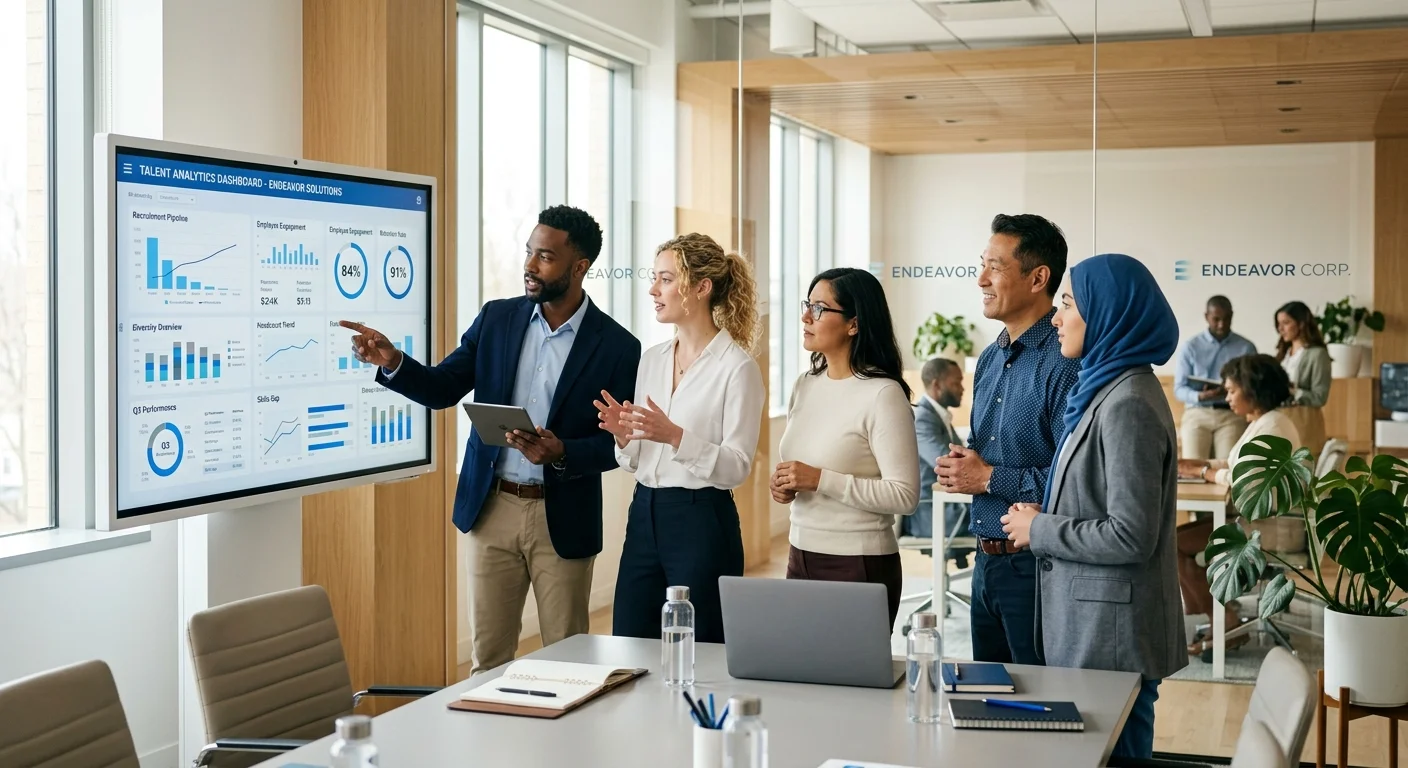 A modern, sleek office environment showing a diverse team of HR professionals collaborating around a digital dashboard displaying talent analytics, with a clean white-and-blue color palette, soft natural lighting, and a professional yet approachable mood.