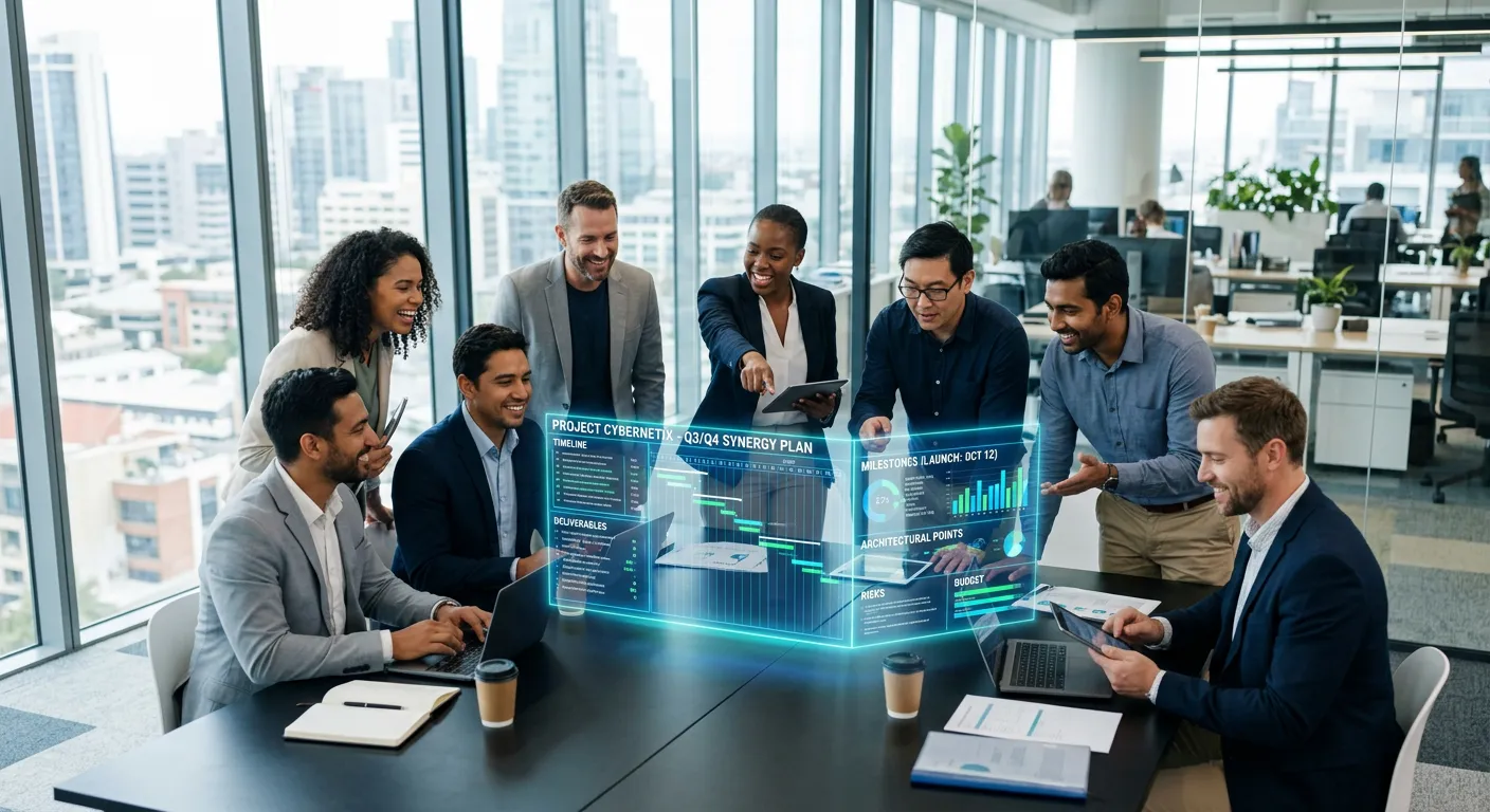 A dynamic, high-angle photograph of a diverse, cross-functional team of IT and business professionals collaborating around a glowing holographic project plan in a modern, sunlit glass-walled office. The mood is innovative, focused, and technologically advanced.