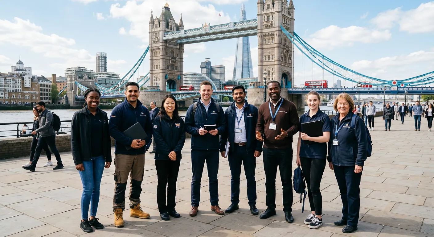 A diverse group of temporary workers in London, smiling and ready for work, standing in front of a London landmark like Tower Bridge, with Workers-Direct branding subtly displayed. Bright, professional, and energetic mood.