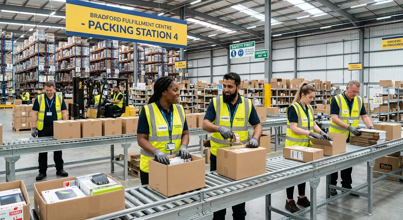 A diverse team of warehouse workers in a bright, modern Bradford packing facility, busily packing boxes on a conveyor line. The atmosphere is professional and collaborative, with clear signage and safety gear visible.