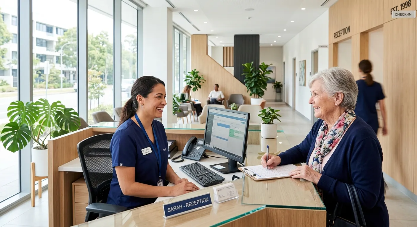 Professional medical receptionist in a modern healthcare facility, smiling while assisting a patient at the front desk. Bright, clean clinic environment with natural lighting. Professional, welcoming atmosphere.