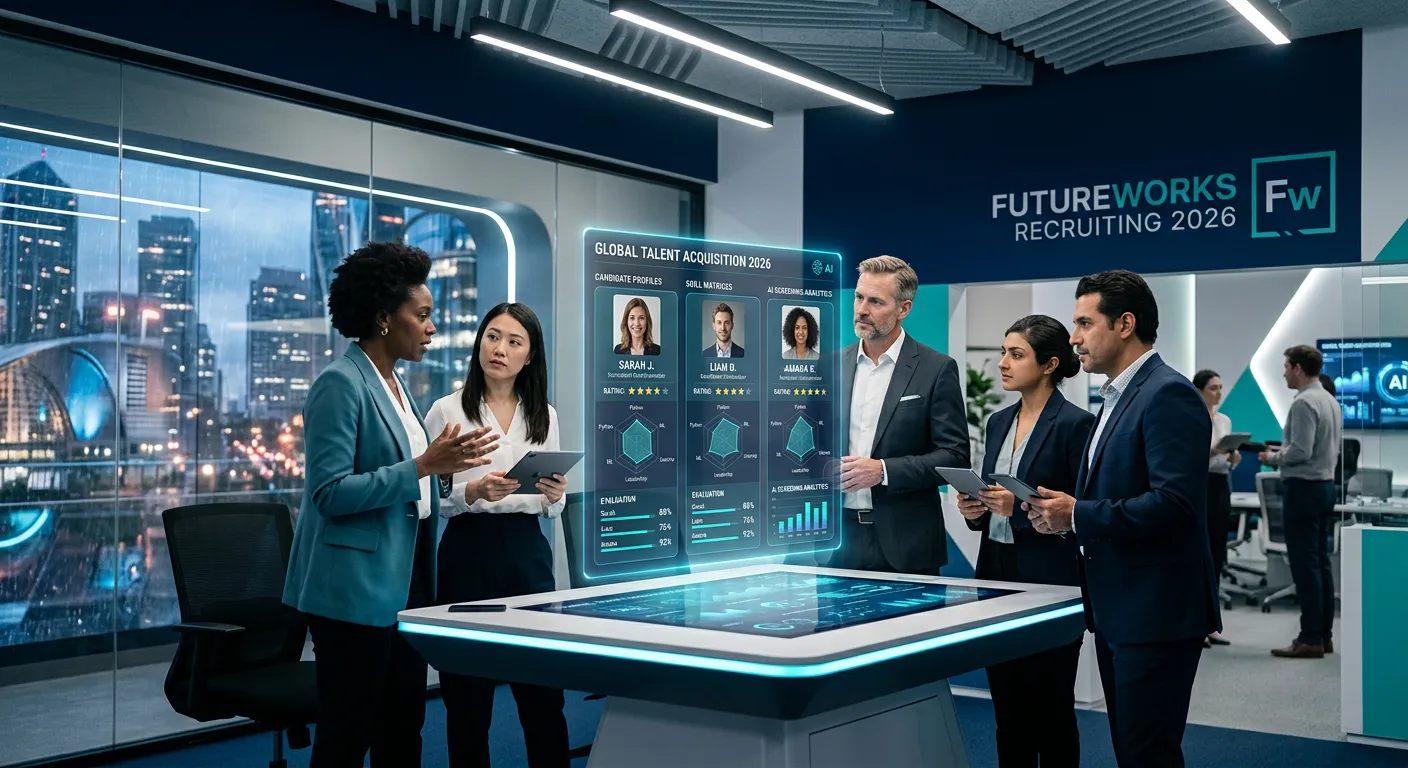 A sleek, modern office setting in 2026 with a diverse hiring team gathered around a holographic digital interface displaying candidate profiles, skill matrices, and AI-driven screening analytics. The color palette is deep navy blue, crisp white, and vibrant teal. Professional, futuristic, authoritative mood.
