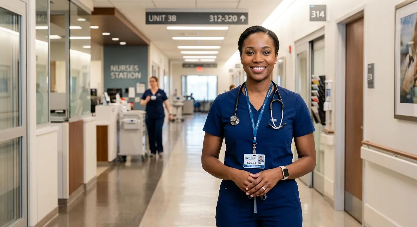 A professional, confident Registered Nurse in modern clinical scrubs smiling warmly, standing in a bright, clean hospital or clinic corridor, conveying competence and care.