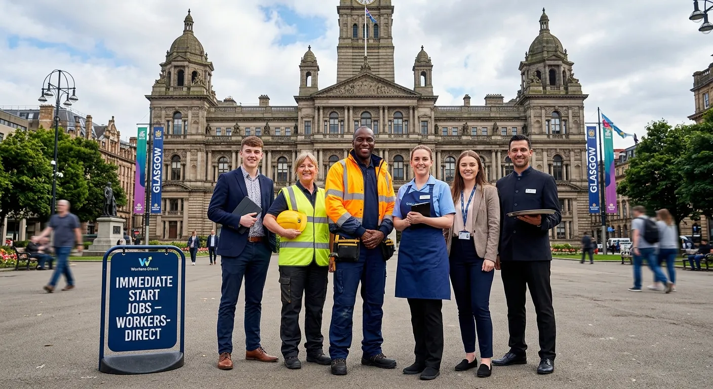 Confident, diverse group of temporary workers in high-vis vests, hospitality uniforms, and smart cas... Confident, diverse group of temporary workers in high-vis vests, hospitality uniforms, and smart casual office wear standing in front of the Glasgow City Chambers. They look approachable and ready to work. A small sign reads