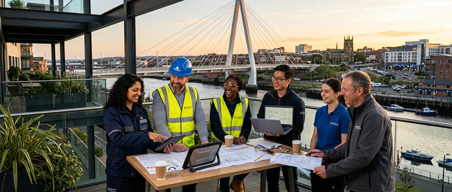 A dynamic, professional hero image showing a diverse group of workers in a modern Sunderland industrial or business setting, smiling and collaborating, with the Sunderland skyline or iconic bridge in the background. Style: Authentic, bright, and aspirational.