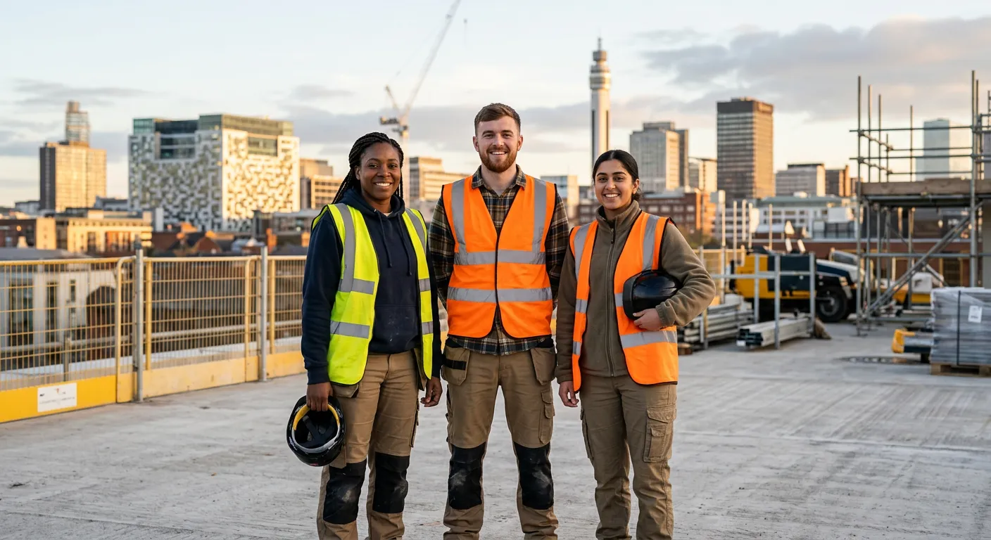 A diverse group of three smiling workers standing in front of a Birmingham cityscape, wearing high-vis vests and casual workwear, confident and ready to start, soft morning light, professional yet approachable mood.