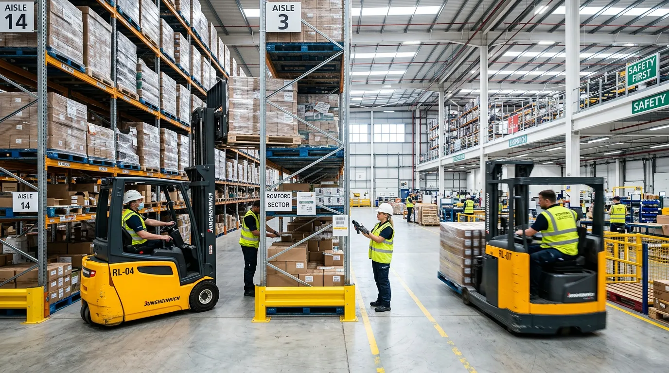 A dynamic, professional hero image of a modern warehouse in Romford, with workers operating forklifts and managing inventory. The mood is energetic, efficient, and modern, highlighting a well-lit logistics environment.