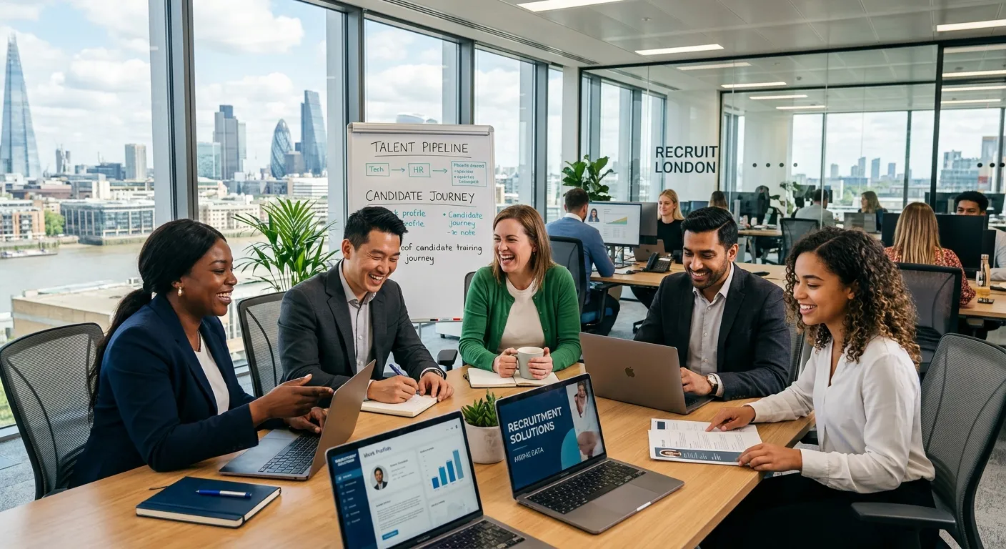 A professional, diverse group of recruitment consultants and HR professionals in a modern office set... A professional, diverse group of recruitment consultants and HR professionals in a modern office setting in , collaborating and smiling, conveying expertise and teamwork.