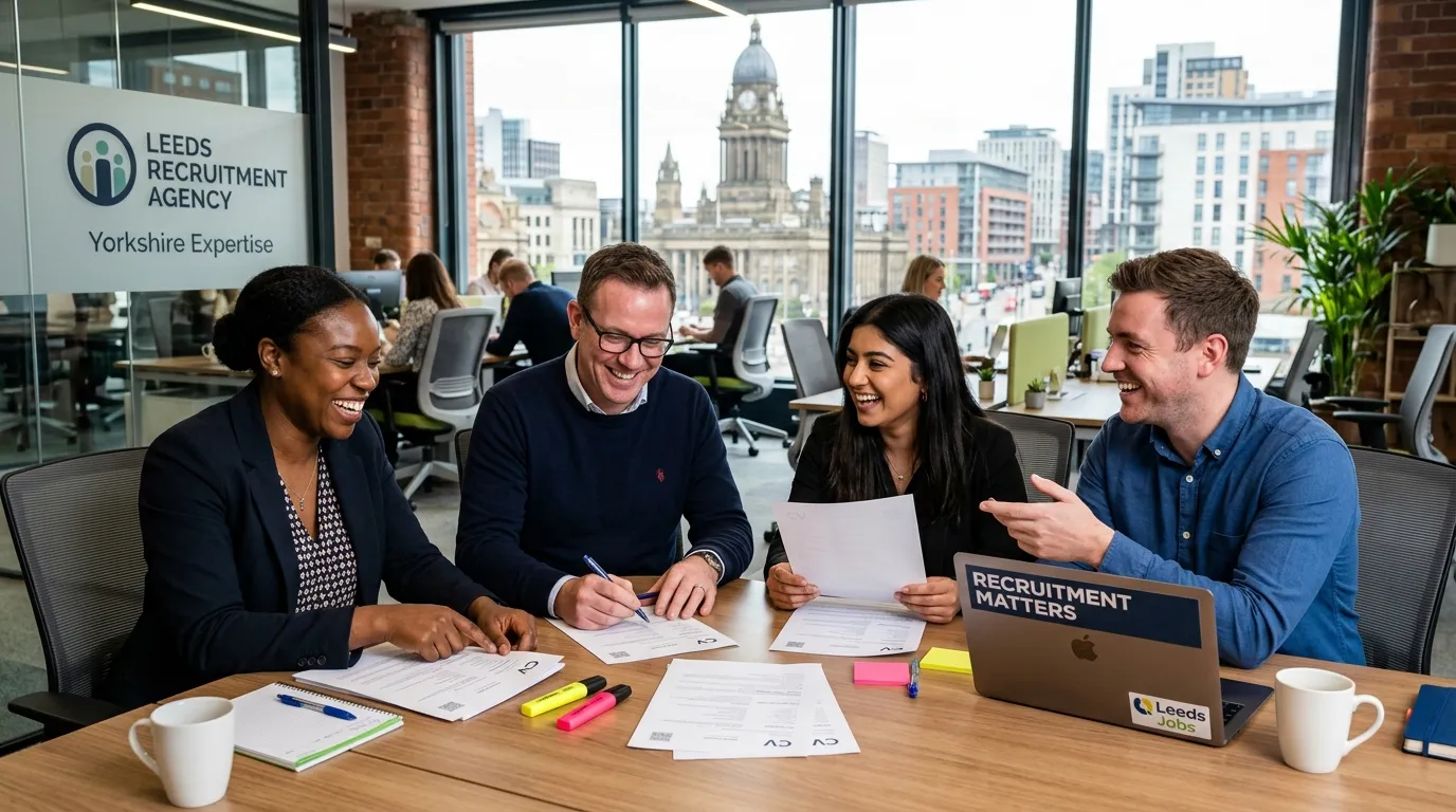 A professional, dynamic shot of a diverse recruitment team in a modern Leeds office, reviewing CVs and smiling, conveying collaboration and local expertise.
