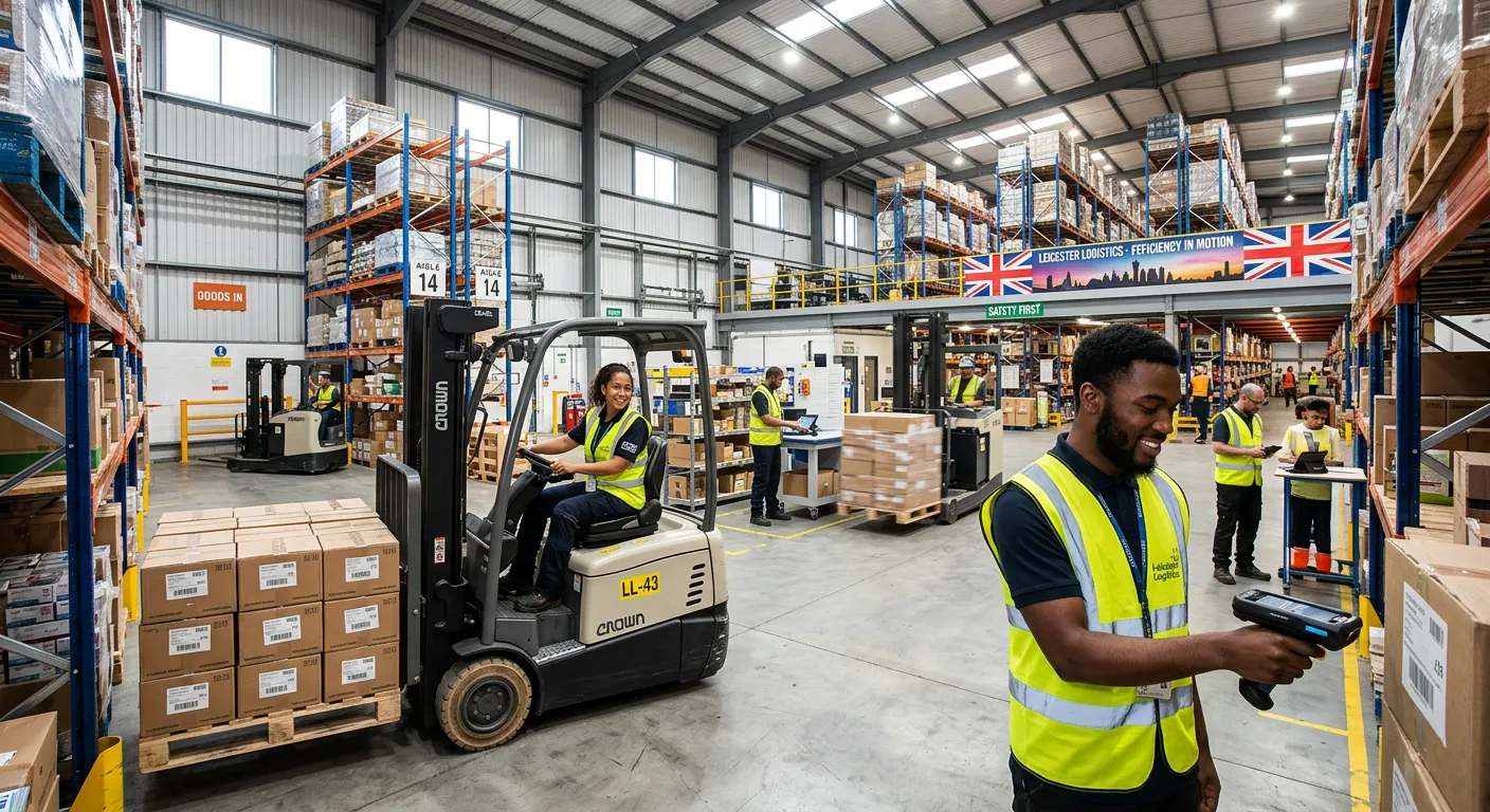 A modern, high-ceilinged warehouse in Leicester, with a diverse team of operatives efficiently managing inventory using forklifts and handheld scanners. The mood is professional, dynamic, and optimistic.