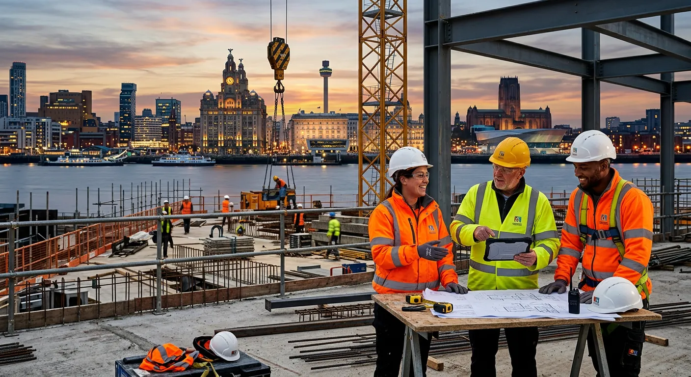 A professional, dynamic hero image showing construction workers in high-vis gear collaborating on a modern Liverpool construction site, with the iconic Liverpool skyline in the background. Focus on teamwork and activity.