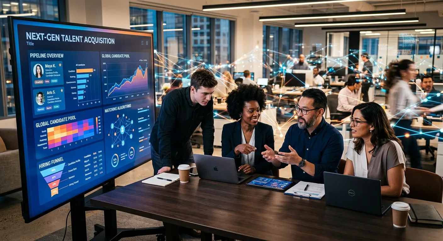 A dynamic, high-contrast hero image showing a diverse team of professionals collaborating around a digital hiring dashboard, with abstract network connections and data visualizations. The mood is energetic, innovative, and focused on modern talent acquisition.