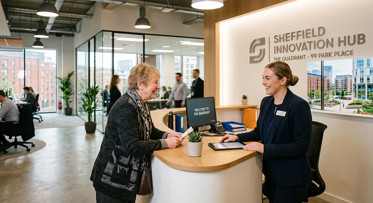Professional, welcoming image of a receptionist at a modern front desk in a Sheffield office setting... Professional, welcoming image of a receptionist at a modern front desk in a Sheffield office setting, smiling and assisting a visitor. Bright, clean, and professional atmosphere.