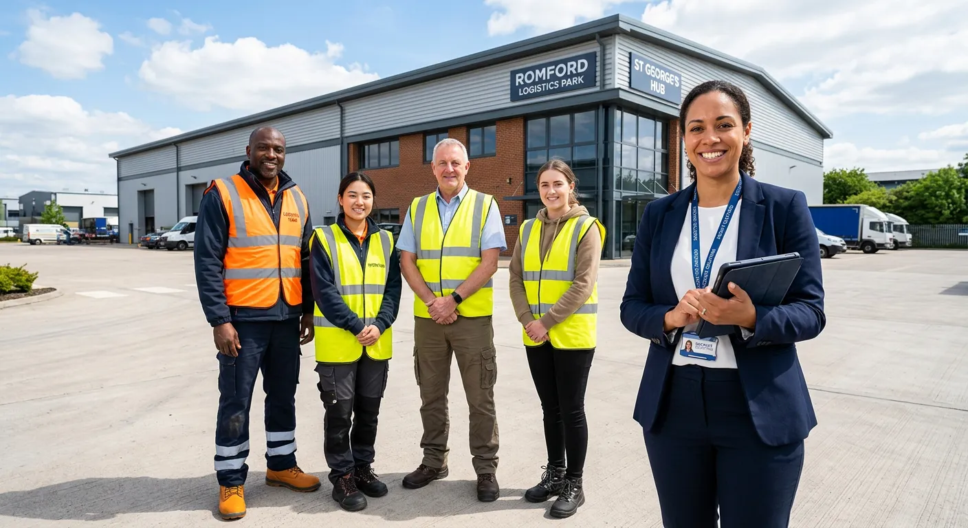 A confident, diverse group of workers in high-visibility vests and smart-casual attire standing in f... A confident, diverse group of workers in high-visibility vests and smart-casual attire standing in front of a modern industrial unit in Romford, with a recruitment consultant smiling and holding a tablet. Bright natural light, professional and approachable mood.