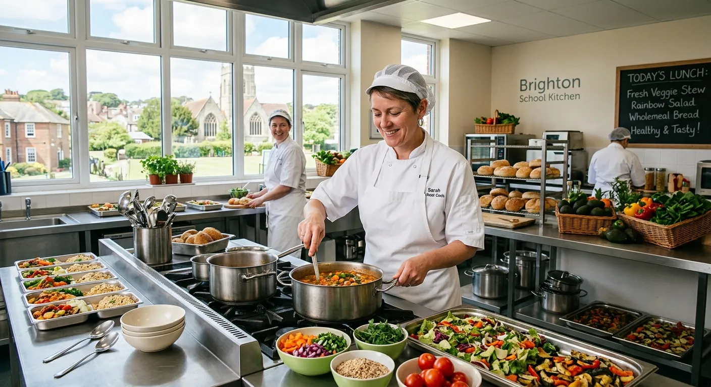 A professional and inviting photograph of a school kitchen in Brighton, featuring a cook in clean wh... A professional and inviting photograph of a school kitchen in Brighton, featuring a cook in clean whites preparing fresh, healthy meals for students. The mood is bright, hygienic, and community-focused, with natural light from large windows.