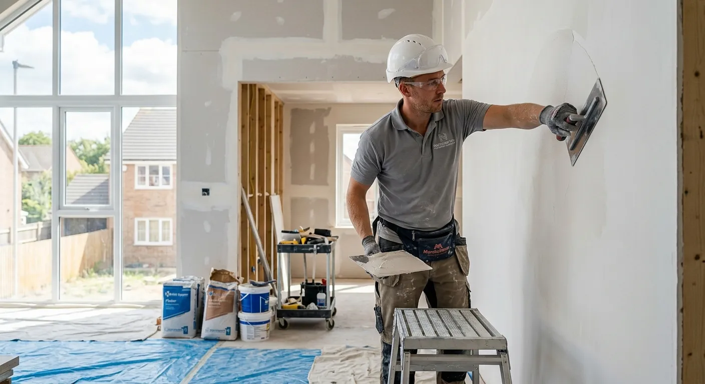 Professional plasterer applying a smooth finish to a wall on a residential construction site in Nort... Professional plasterer applying a smooth finish to a wall on a residential construction site in Northampton, wearing a clean uniform and safety gear, demonstrating skill and precision in a bright, modern interior.