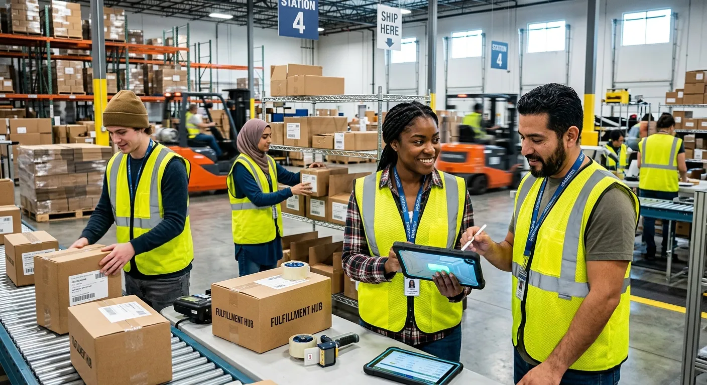A dynamic, professional photo of a diverse group of temporary workers collaborating in a modern ware... A dynamic, professional photo of a diverse group of temporary workers collaborating in a modern warehouse or office setting. A manager looks over a tablet, smiling. The style is vibrant, high-contrast, and conveys energy and efficiency.