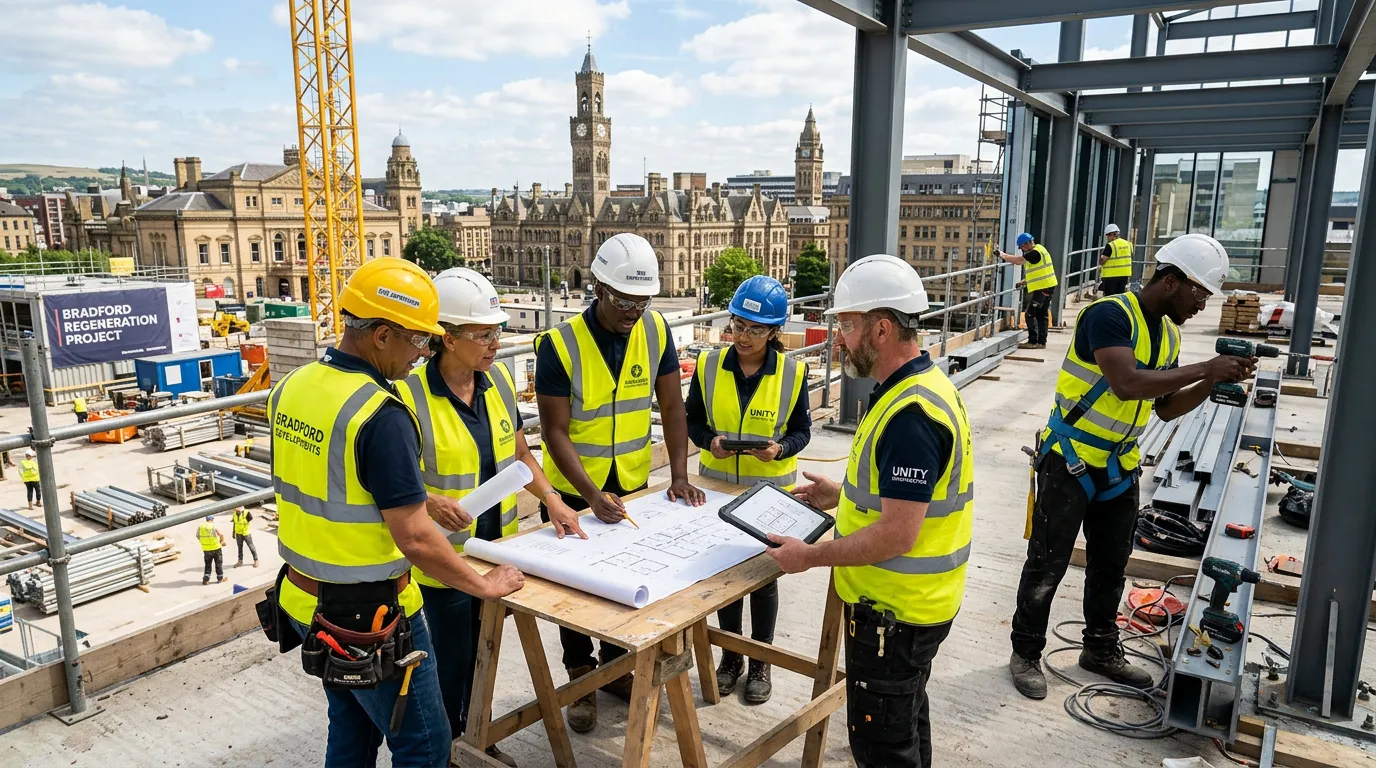 A dynamic, professional hero image of a diverse construction team on a modern building site in Bradf... A dynamic, professional hero image of a diverse construction team on a modern building site in Bradford, with the city skyline in the background. Focus on skilled workers in high-visibility vests collaborating, using tools, and reviewing plans. Bright, clear day with a professional and industrious mood.
