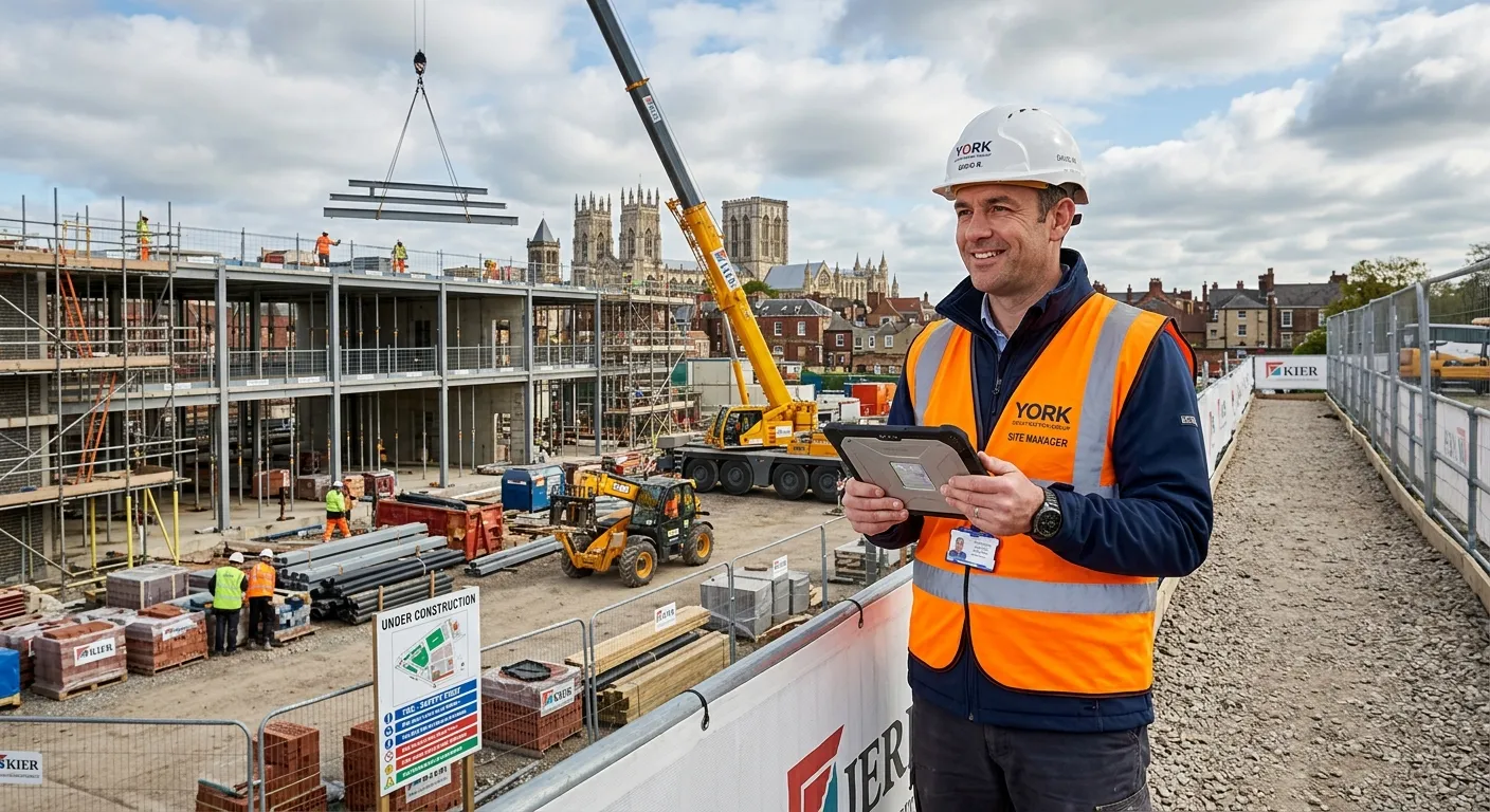A professional, confident Site Manager in a high-visibility vest, standing on a well-organised const... A professional, confident Site Manager in a high-visibility vest, standing on a well-organised construction site in York, overseeing work with a tablet in hand. The mood is professional, efficient, and trustworthy.