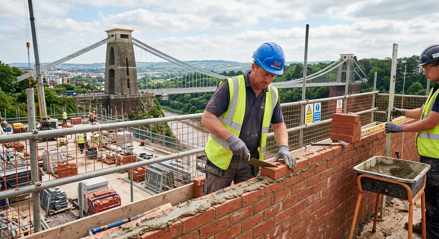 A professional, high-resolution photo of skilled bricklayers at work on a modern construction site i... A professional, high-resolution photo of skilled bricklayers at work on a modern construction site in Bristol, with the Clifton Suspension Bridge visible in the background. The image should convey skill, precision, and a bustling work environment. Style: Realistic, vibrant, professional.