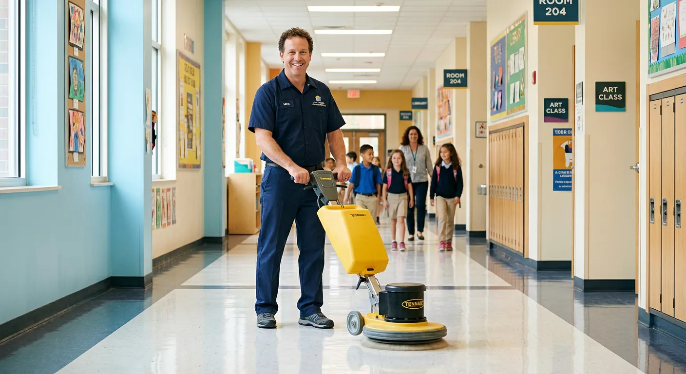 Professional, friendly-looking cleaner smiling while polishing a school hallway floor in a bright, w... Professional, friendly-looking cleaner smiling while polishing a school hallway floor in a bright, well-maintained educational environment, conveying trust and reliability.