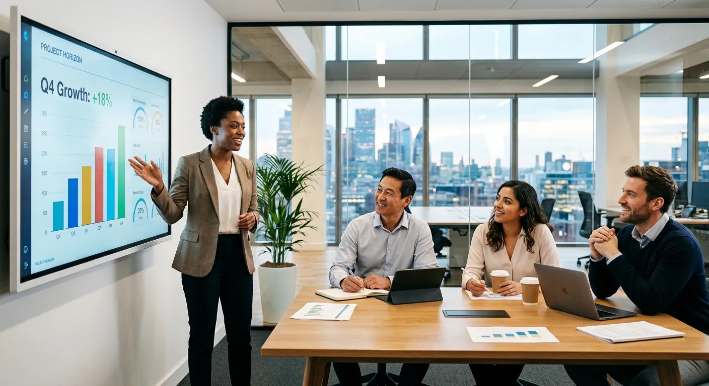 A professional, high-contrast image of a diverse team of professionals collaborating in a modern office, with one person presenting a chart on a screen. Style: Corporate, bright, optimistic. Mood: Collaborative, successful, forward-thinking.