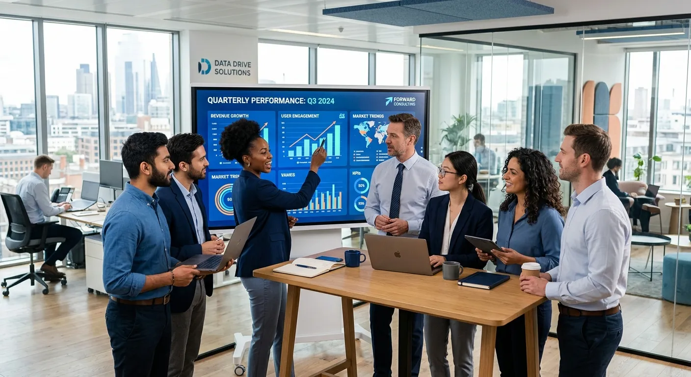A modern, diverse group of professionals in a bright, collaborative office setting, looking at data dashboards on a large screen. Style is professional, aspirational, and forward-thinking with a blue and white color palette.