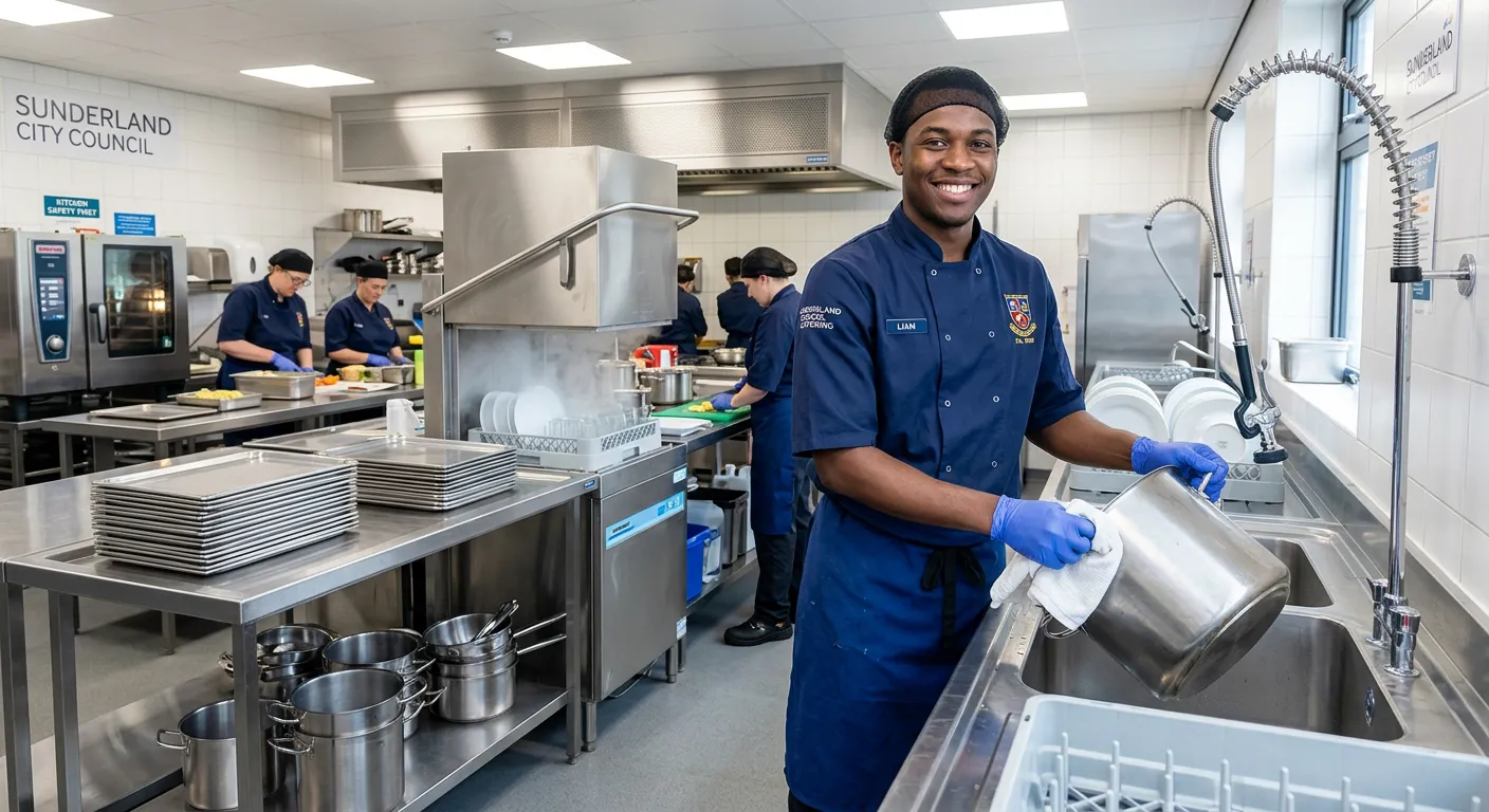 Professional, clean image of a kitchen porter in a modern school catering kitchen, smiling and weari... Professional, clean image of a kitchen porter in a modern school catering kitchen, smiling and wearing hygienic work attire, in a brightly lit Sunderland school kitchen environment.
