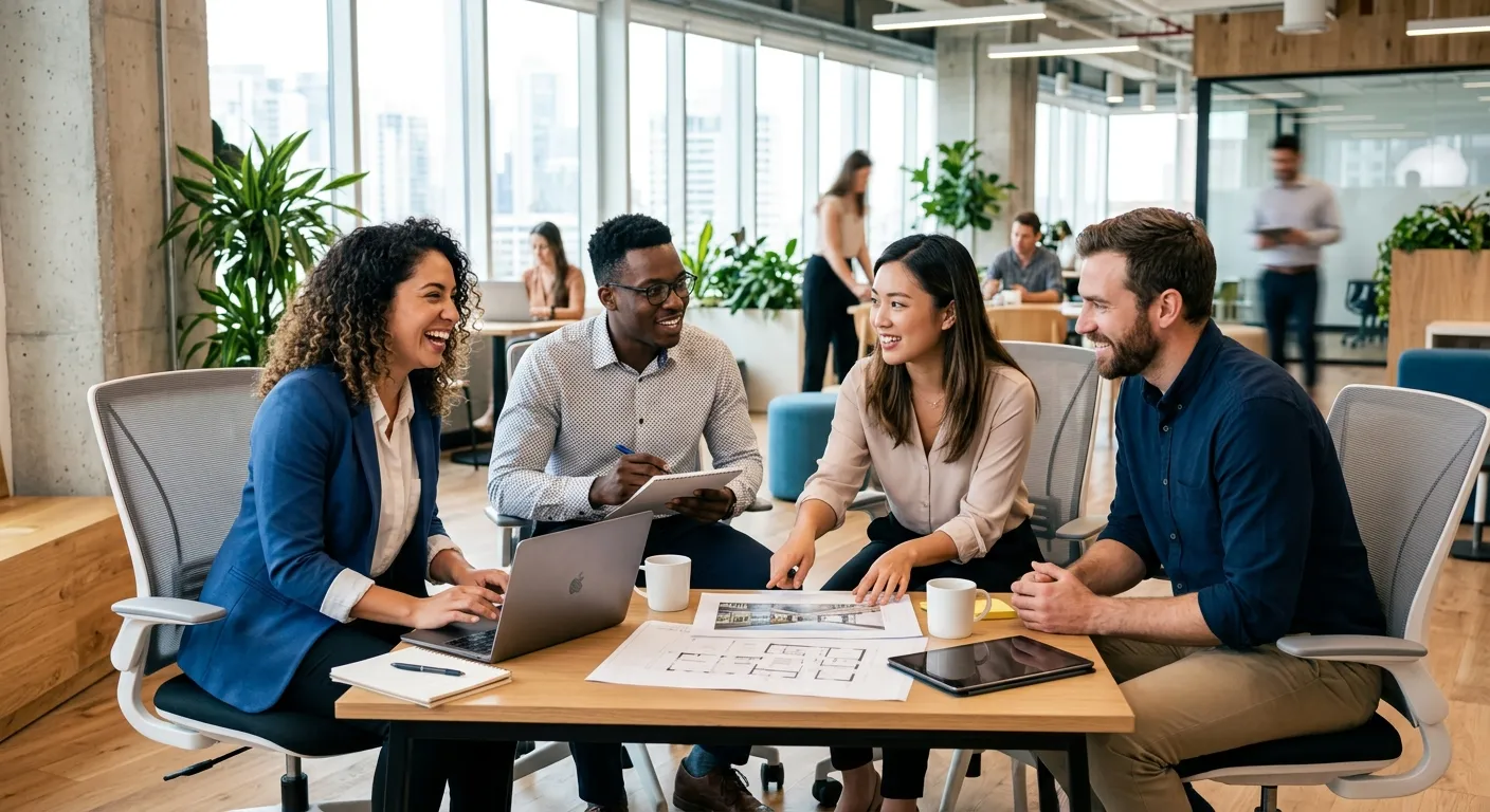 A diverse group of professional temporary employees collaborating in a modern, bright office environ... A diverse group of professional temporary employees collaborating in a modern, bright office environment, smiling and discussing a project. The style is professional, high-resolution, and conveys energy and flexibility.
