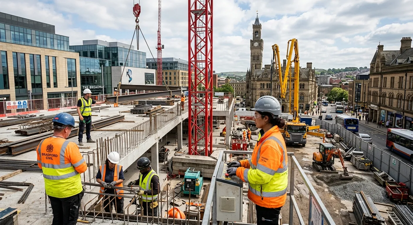 A high-energy, professional construction site in Bradford city centre, featuring a diverse team of skilled workers in high-visibility gear operating machinery against a backdrop of modern and historic Bradford architecture. Mood: Dynamic, professional, and industrious.