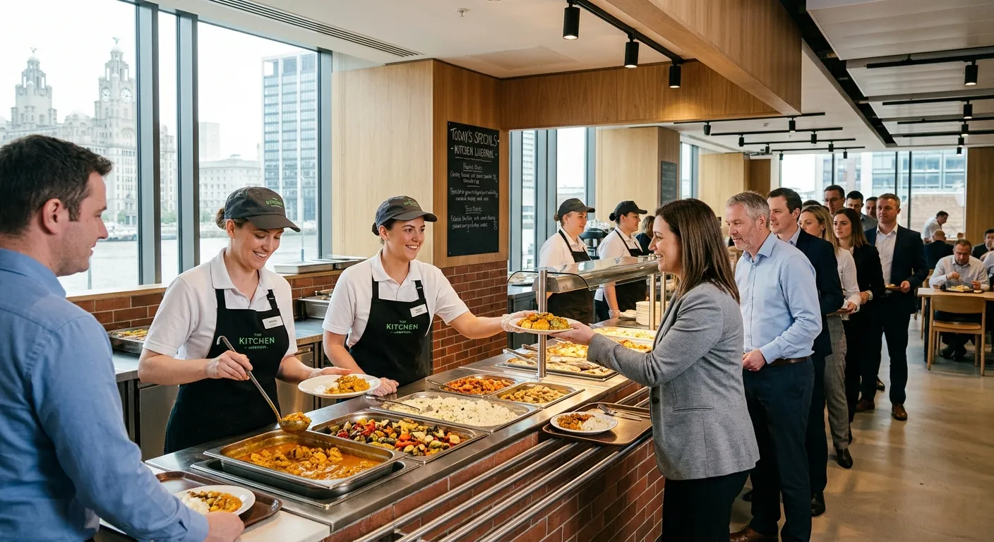 A well-lit, bustling servery in a modern Liverpool office building, showing two Food Service Assista... A well-lit, bustling servery in a modern Liverpool office building, showing two Food Service Assistants in clean uniforms smiling and serving hot food to a queue of professionals.