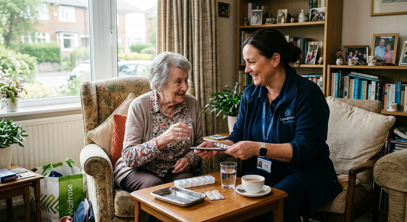 A professional, warm, and empathetic photo of a Domiciliary Care Worker assisting an elderly client... A professional, warm, and empathetic photo of a Domiciliary Care Worker assisting an elderly client in a comfortable home setting in Sheffield. The worker is helping with medication, smiling, with natural light from a window.