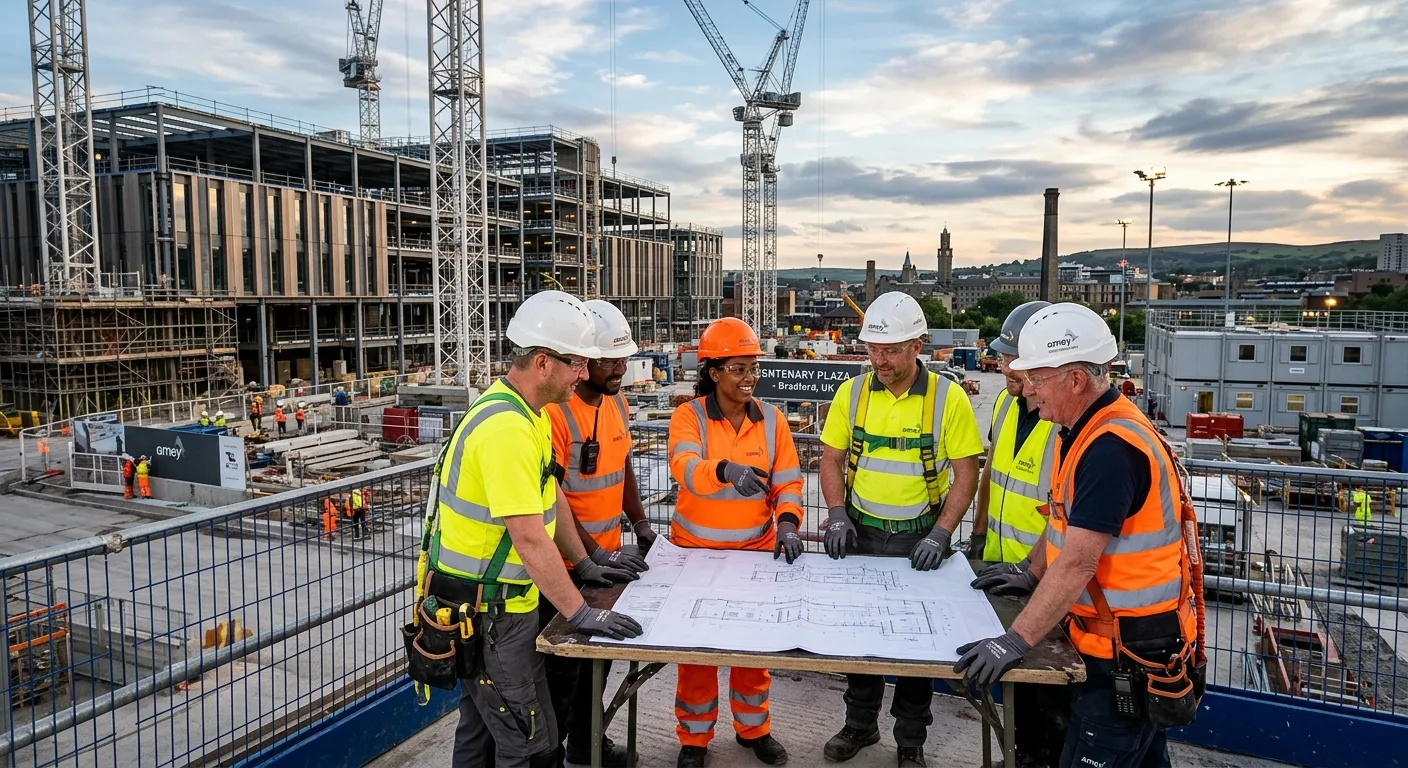 A dynamic, professional hero image showing a diverse team of construction workers in high-visibility... A dynamic, professional hero image showing a diverse team of construction workers in high-visibility gear collaborating on a modern construction site in Bradford, with cranes and new buildings in the background. Style is vibrant, realistic, and inspiring.