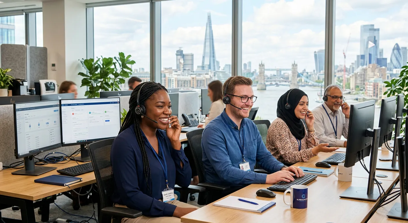 A diverse group of friendly, professional Customer Service Agents in a modern London office setting,... A diverse group of friendly, professional Customer Service Agents in a modern London office setting, smiling and wearing headsets, with the London skyline visible through a window. Professional, welcoming, and energetic mood.