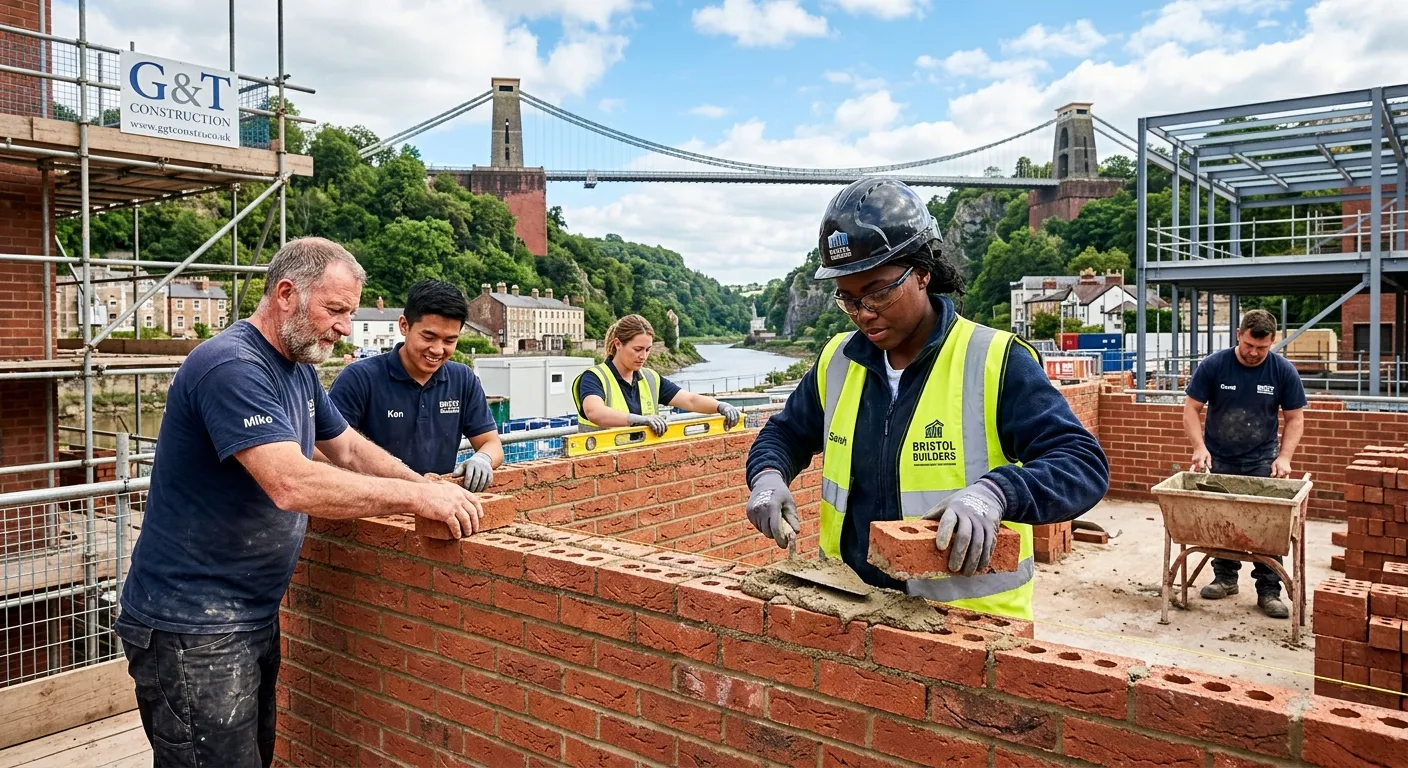 A dynamic, high-contrast hero image showing a diverse team of skilled bricklayers at work on a moder... A dynamic, high-contrast hero image showing a diverse team of skilled bricklayers at work on a modern Bristol construction site, with the Clifton Suspension Bridge visible in the background. Style: Professional, vibrant, and aspirational. Mood: Energetic, skilled, and productive.