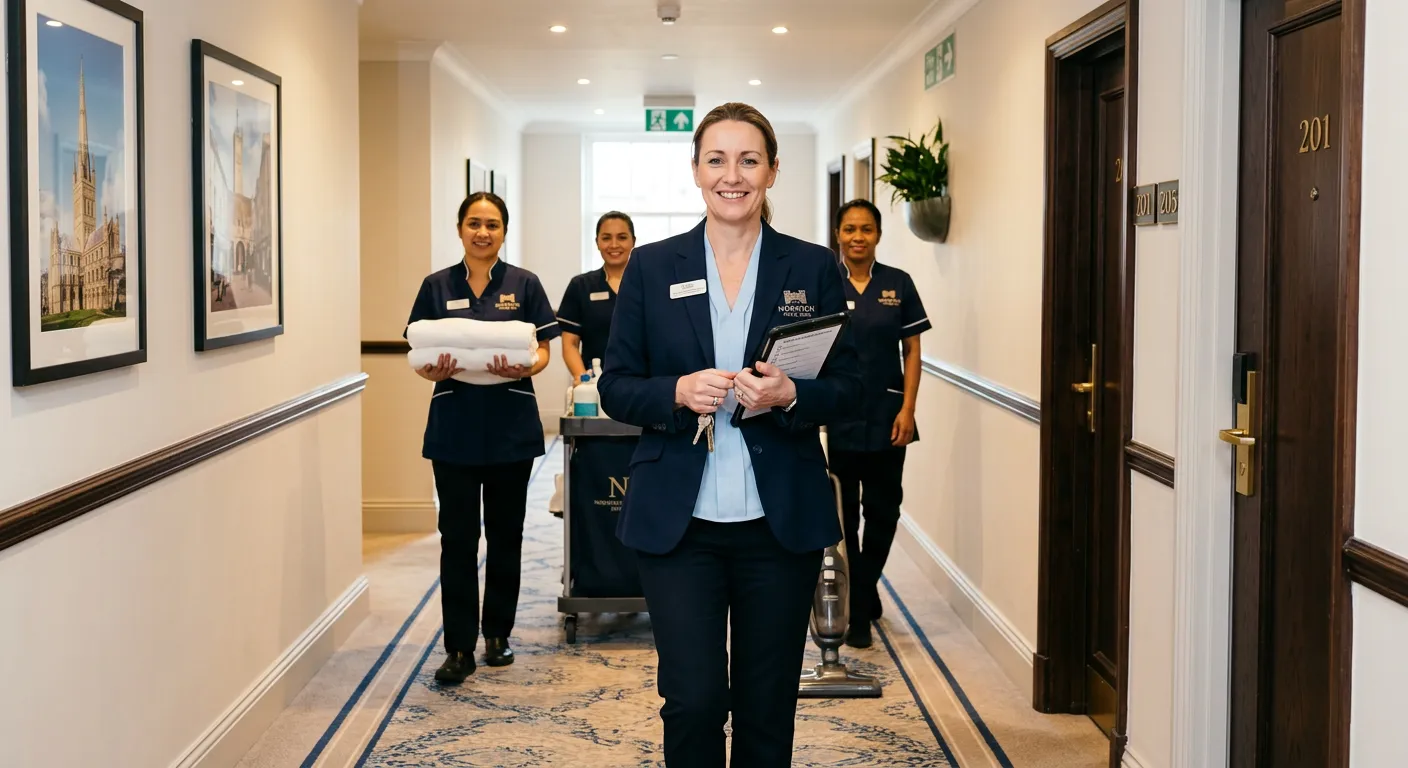 A professional, welcoming image of a Housekeeping Supervisor in a clean, well-organised hotel or off... A professional, welcoming image of a Housekeeping Supervisor in a clean, well-organised hotel or office environment in Norwich, smiling and leading a team, conveying a sense of pride, authority, and a high standard of cleanliness. The mood should be professional, efficient, and trustworthy.