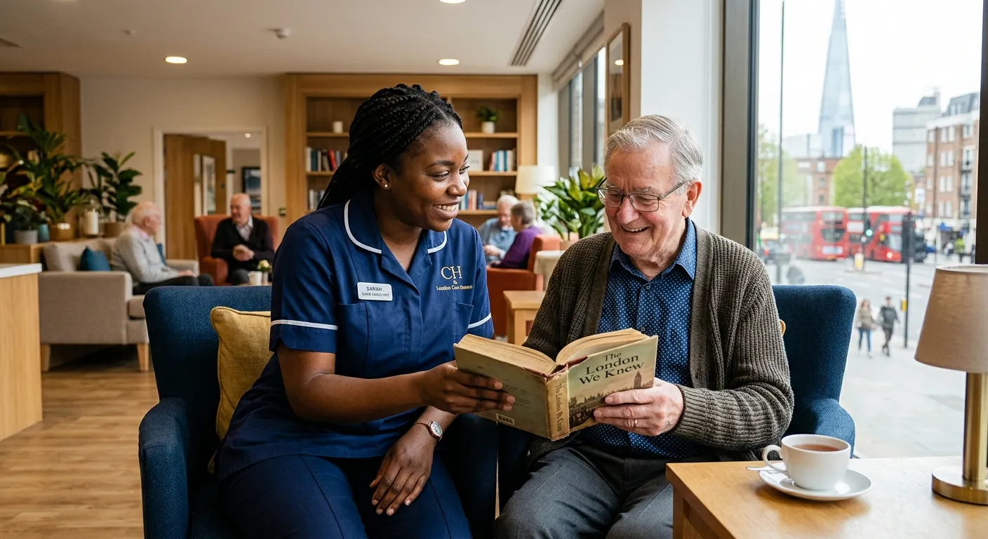 A professional, warm, and welcoming image of a Care Assistant in a modern, bright care home setting... A professional, warm, and welcoming image of a Care Assistant in a modern, bright care home setting in London, assisting a resident with a book. The Care Assistant is smiling, and the scene conveys trust, compassion, and professionalism.