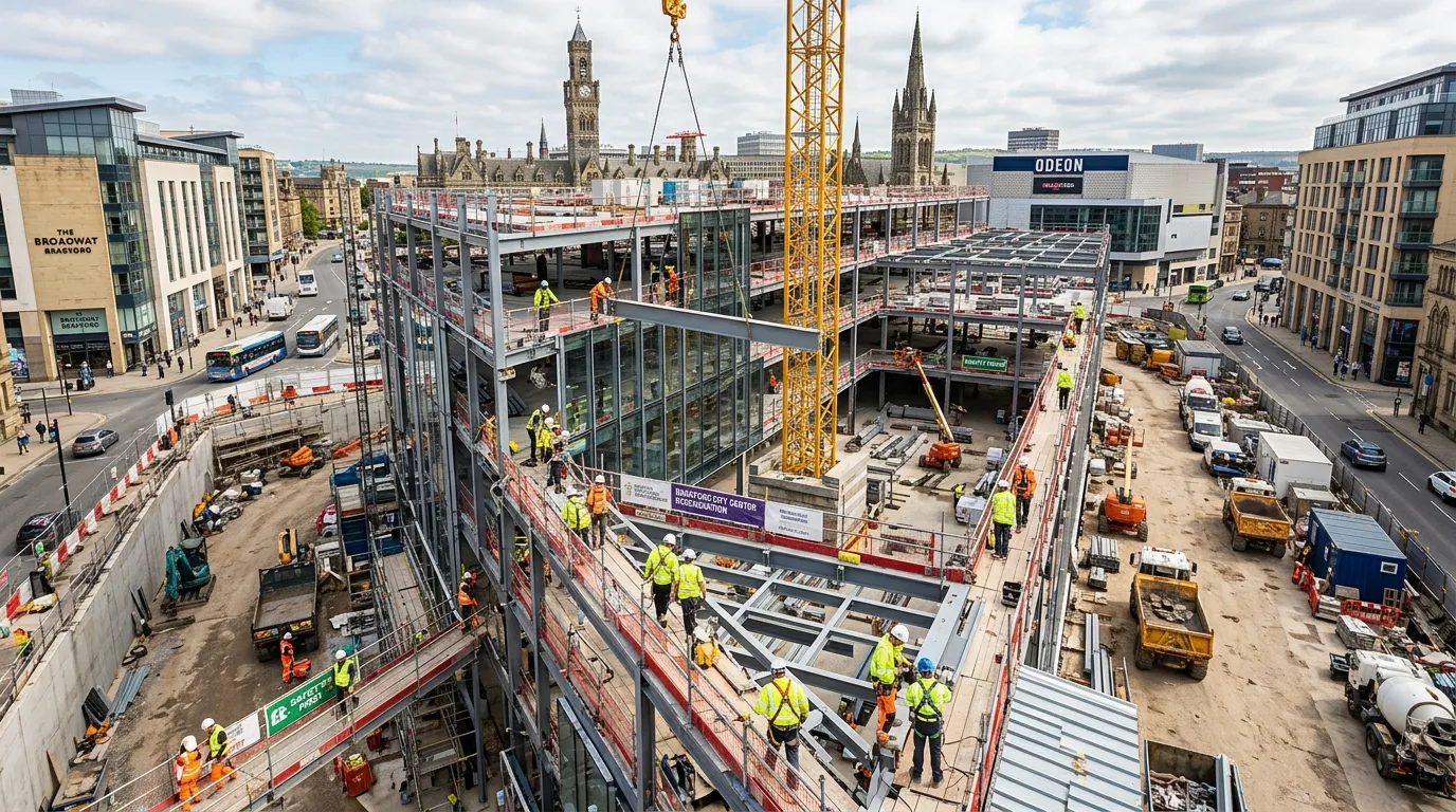 A dynamic, high-angle shot of a busy, modern construction site in central Bradford, showcasing a mix... A dynamic, high-angle shot of a busy, modern construction site in central Bradford, showcasing a mix of skilled tradespeople (wearing high-vis and hard hats) working on a steel-and-glass structure. The image should convey professionalism, activity, and safety.