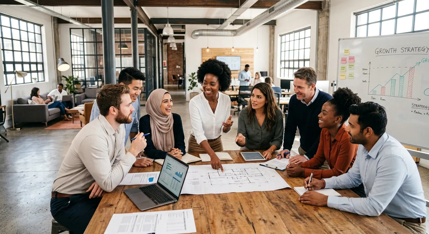 A diverse, professional group of people in a modern office or industrial setting, looking engaged an... A diverse, professional group of people in a modern office or industrial setting, looking engaged and collaborative. The style is bright, optimistic, and high-resolution, conveying opportunity and action.
