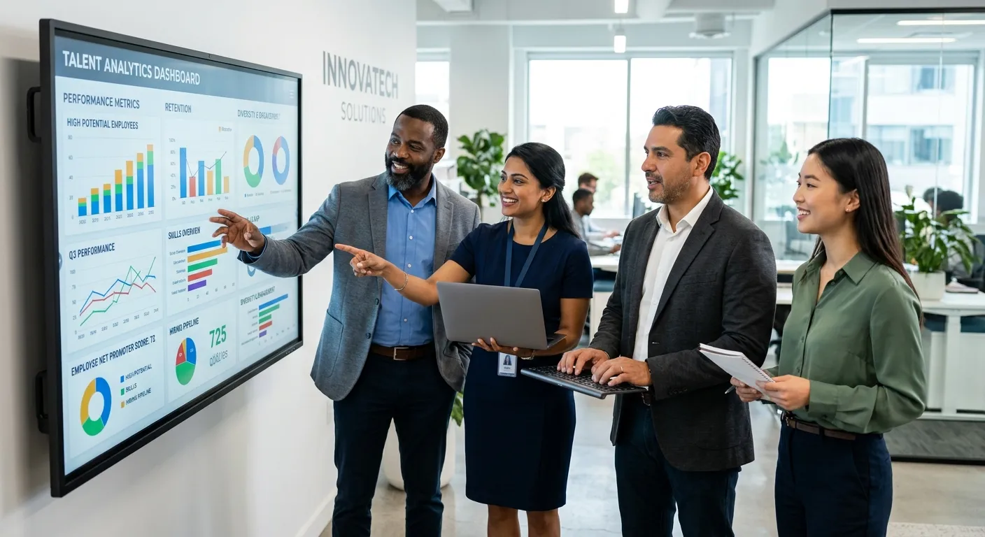 A diverse group of professional, confident employees in a modern office setting, collaborating around a digital screen displaying talent analytics. Style: Professional corporate photography, sharp focus, vibrant yet professional mood.