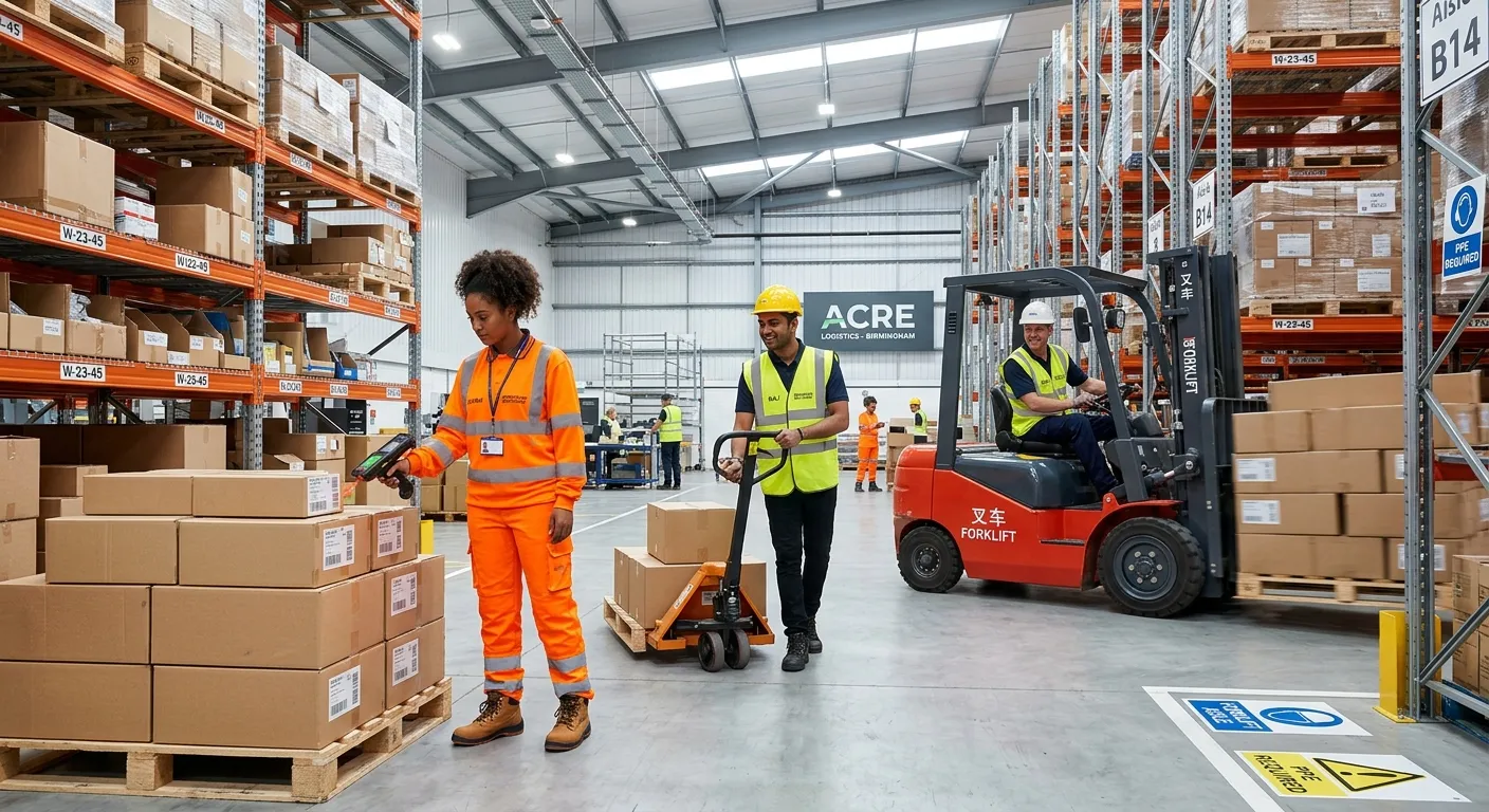 A dynamic, high-energy shot of a modern, well-organized warehouse in Birmingham, featuring a diverse... A dynamic, high-energy shot of a modern, well-organized warehouse in Birmingham, featuring a diverse team of agency workers efficiently managing inventory with forklifts and scanning devices. Professional, bright, and aspirational mood.